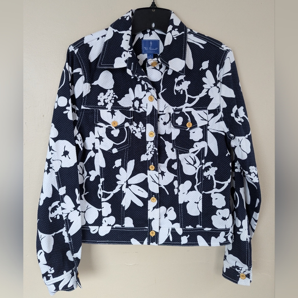 Tori Richard Honolulu Floral Collared Jacket, Navy Blue, White, & Gold (SIZE 10)